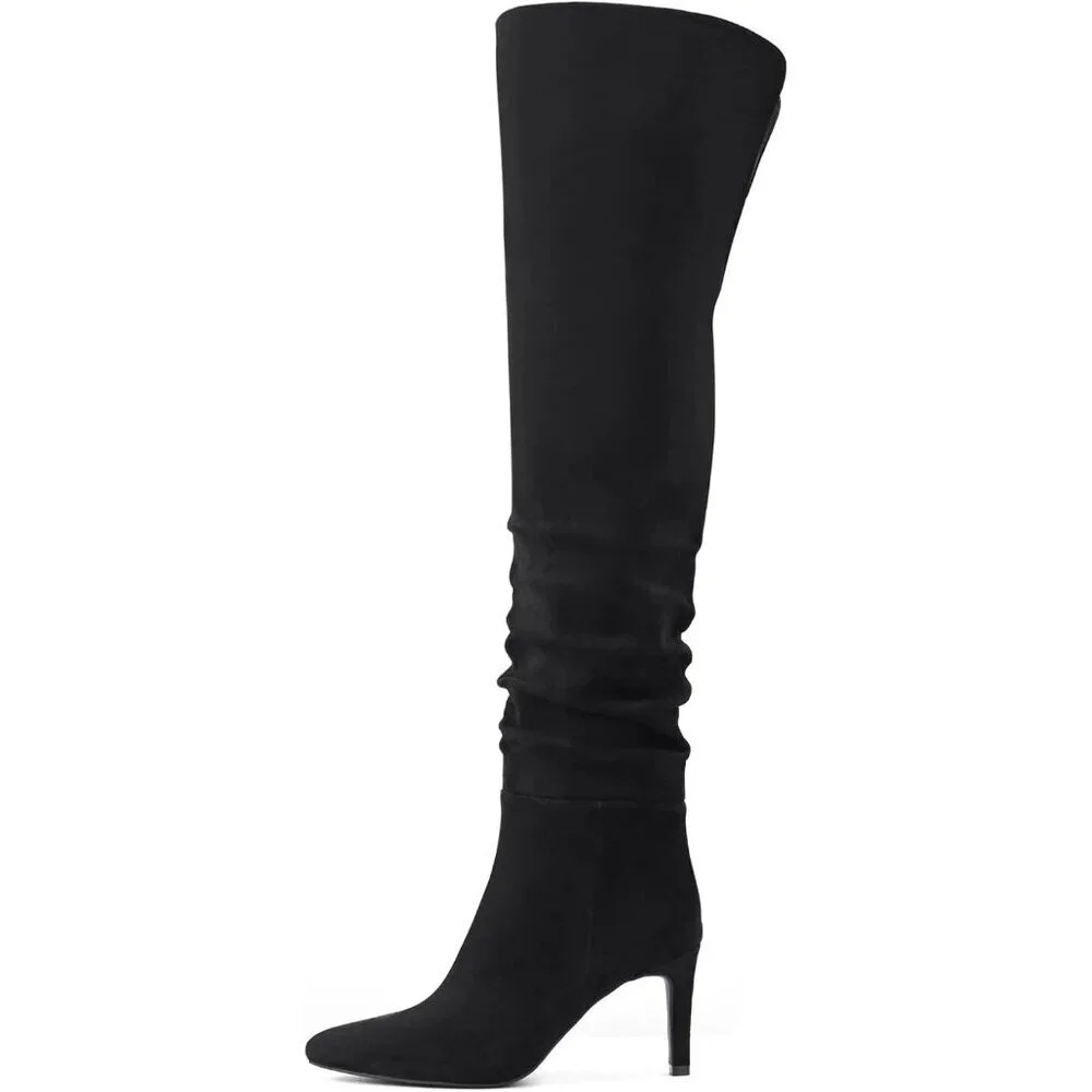 Women Suede Black Thigh High Over The Knee Stiletto Heel Pointed Toe Long Boot